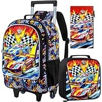TXHVO 3Pcs Rolling Backpack for Boys, Kids Roller Bookbag with Wheels, Car Wheeled Backpacks Set for Elementary Toddler(Racing)