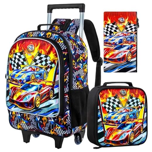 TXHVO 3Pcs Rolling Backpack for Boys, Kids Roller Bookbag with Wheels, Car Wheeled Backpacks Set for Elementary Toddler(Racing)