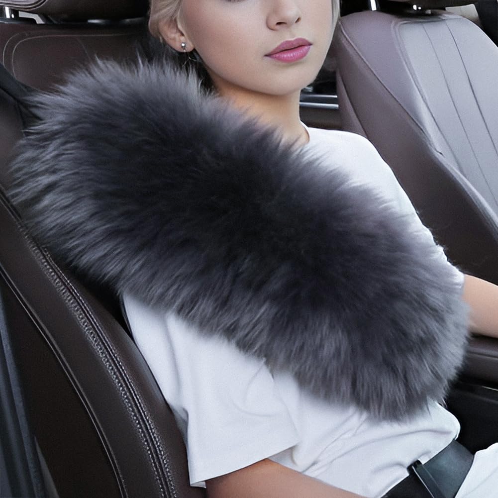 OGLAND Fuzzy Sheepskin Seat Belt Cover, Fluffy Seatbelt Cover Pad for Pacemaker Adults Kids Women Universal Plush Cozy Long Wool Car,2 Pack Steel