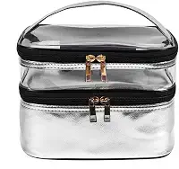 Necessaire Grande Viagem Divisória Maquiagem Make Cosméticos Bolsa Organizador Feminina Beleza Multiuso Frasqueira Bolsinha (Prata)