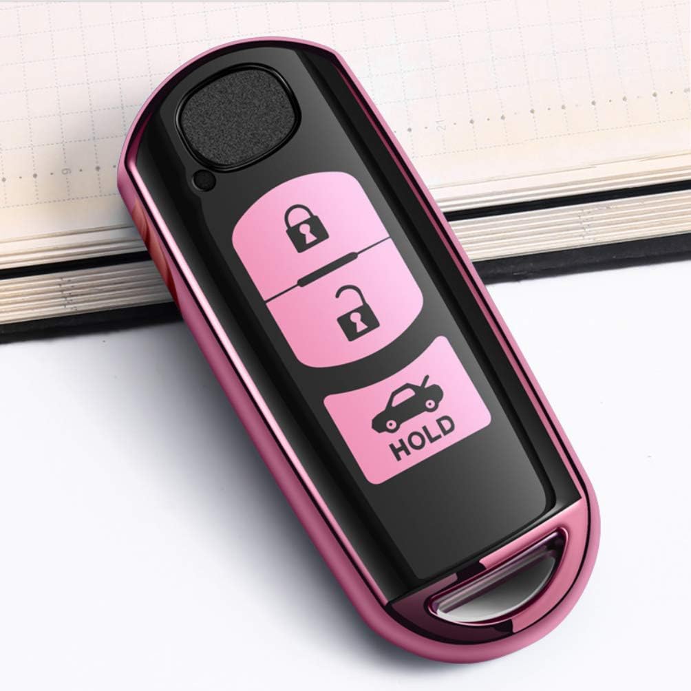 ontto Premium TPU silikonowe etui do kluczyków samochodowych do Mazdy 3 przyciski klucze etui ochronne etui do Mazda 2 3 5 6 CX-5 CX-7 CX-9 Truck Smart kluczyk samochodowy z pękiem kluczy - różowy
