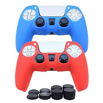 PS5 Controller Skin,Hikfly Silicone Cover for PS5 Grips Playstation 5 Controller Cover Protector Sleeve Kits Video Games Pack 2 with FPS Pro Thumb Grips Caps Set(Red,Blue)
