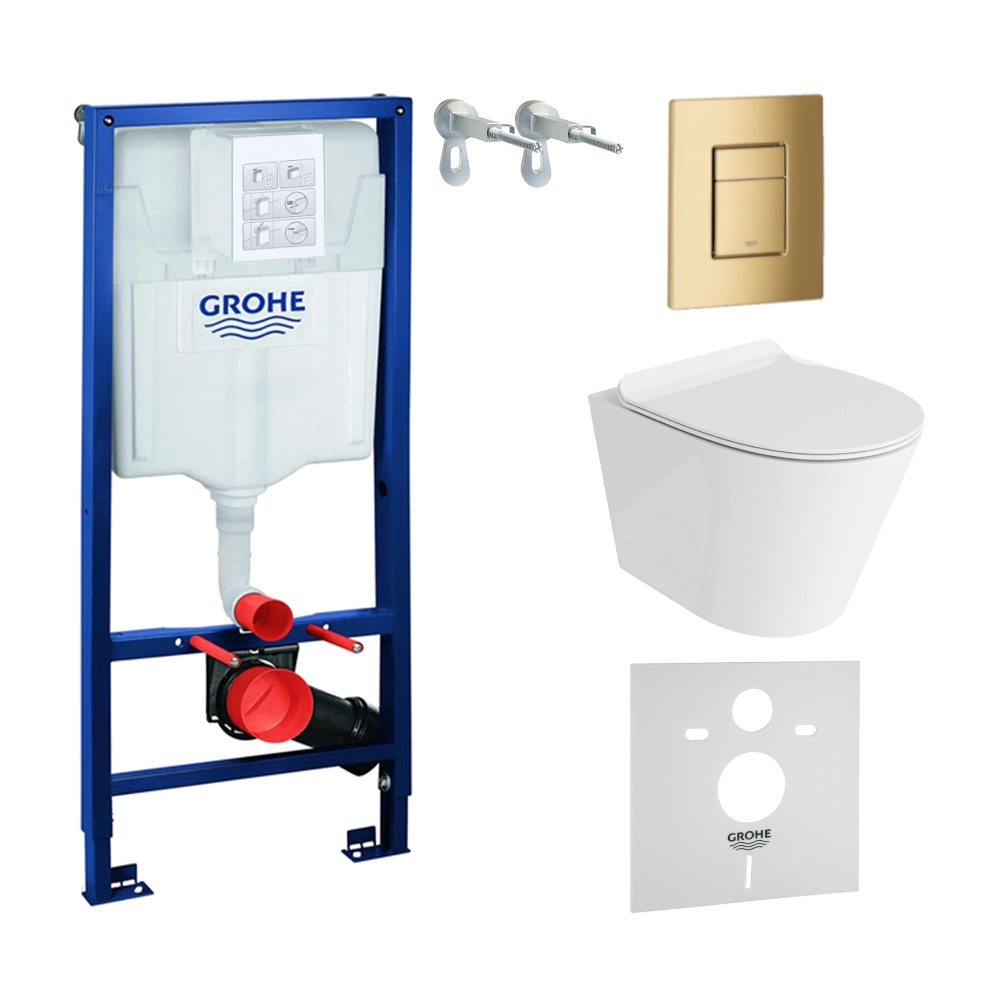 LAVITA | Elemento de pared Solido + pared colgante inodoro Galve blanco sin borde + asiento de inodoro SoftClose | Botón dorado | Juego completo | cisterna empotrada | inodoro completo