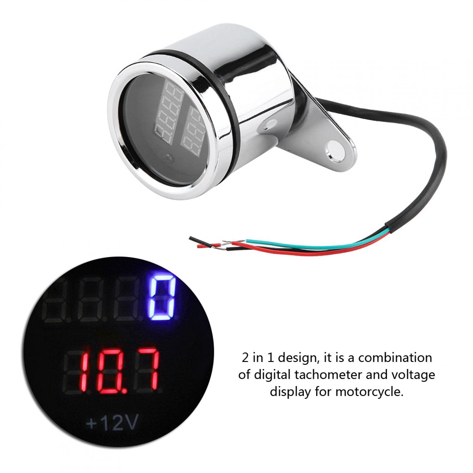 Tachimetro Digitale Moto 2 in 1, Contagiri LED + Voltmetro Universale 12V, Custodia Metallica Cromata, per Tutte le Motociclette