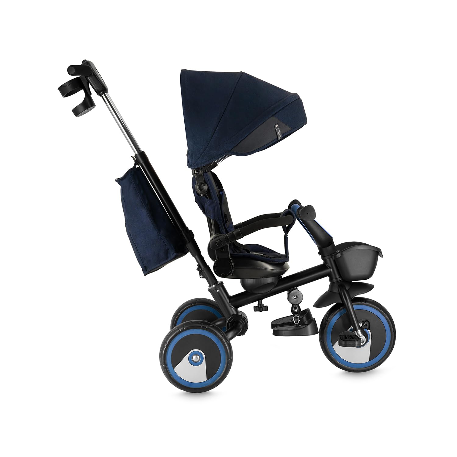 Triciclo per bambini MoMi IVI, seduta girevole 360°, cinture a 3 punti, poggiapiedi, tettuccio parasole, ruote EVA, manubrio regolabile, borsa e cestino portaoggetti