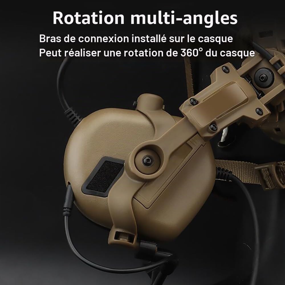 Casque Tactique avec Amplification du Son Et avec Microphone,Protection Auditive pour Chasse Airsoft Paintball Et Activités Militaires Adaptateur De Rail Inclus