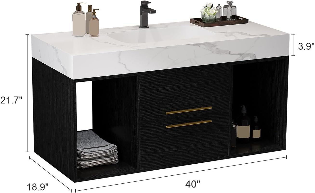 Glintee 40" Modern Floating Bathroom Vanity with Ceramic Sink, Sintered Stone Top, Solid Wood Cabinet - 2 Drawers & 2 Open Shelves,Easy Assembly,Black.