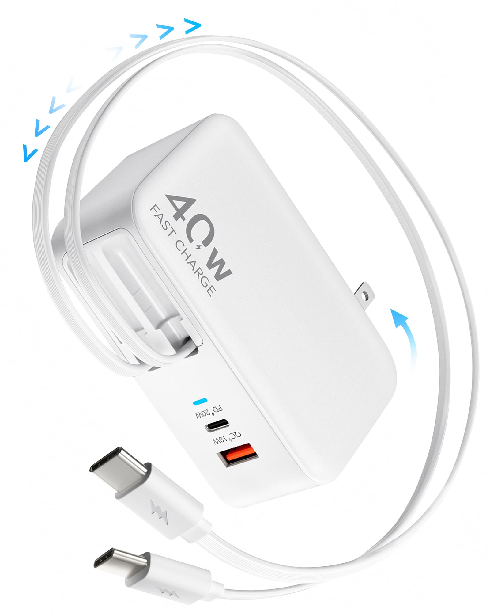 Bloc de charge GaN 4 en 1 pour iPhone 17, Travel Essentials Bloc de charge rapide 40 W Max Câble rétractable pour 2 types C, prise de chargeur de téléphone rétractable pour iPhone 17 Pro Max/16/15