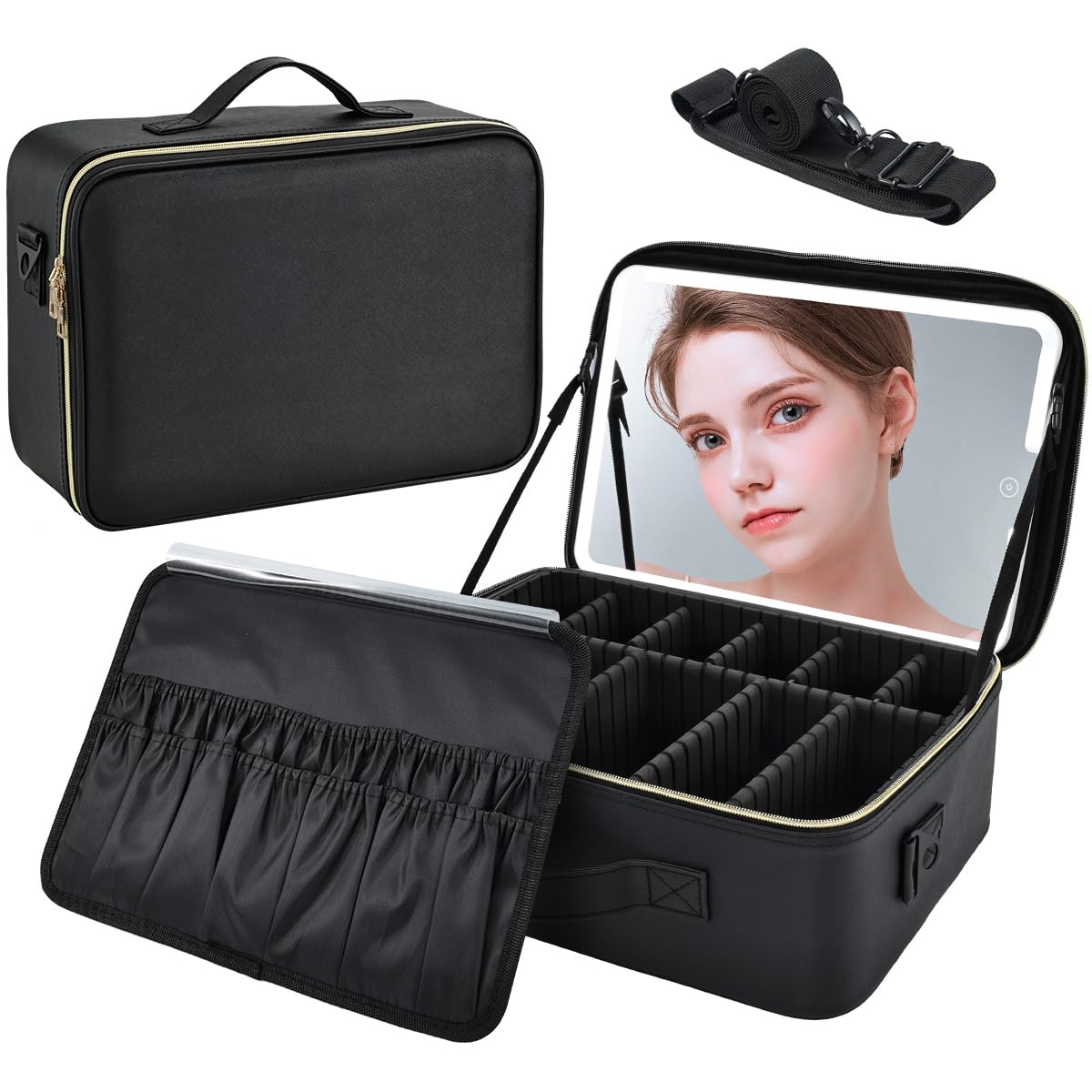 Kosmetiktasche Große Make up Tasche Schminkkoffer mit Beleuchtetem Spiegel-3 Farben LED Licht Schminktasche Damen Kosmetikkoffer Make up Koffer,Schwarz