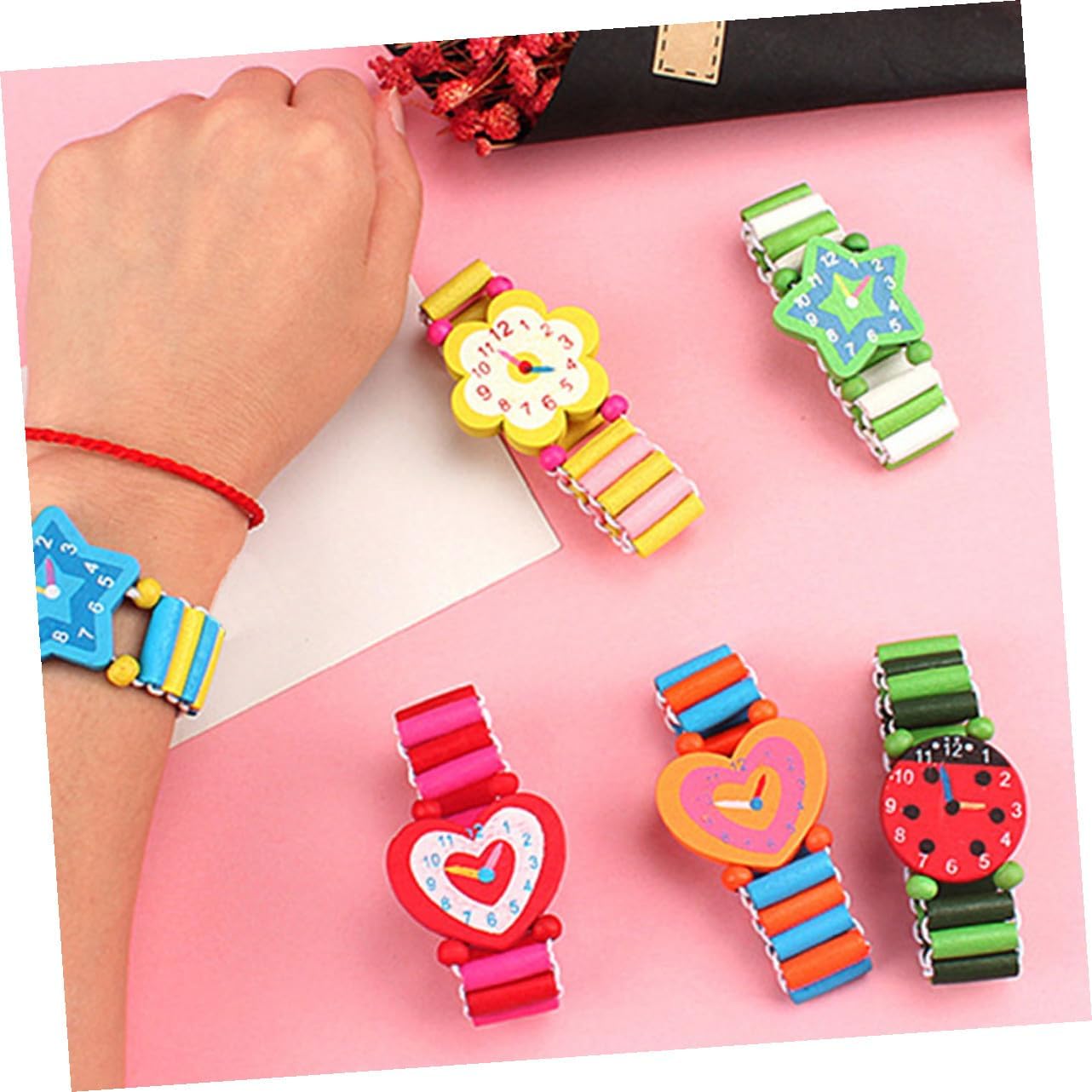 FRCOLOR 5 Pcs Wooden Fake Watch Cartoon Decorative Playthings for Educational Teaching Safe Smooth Surface Random Color