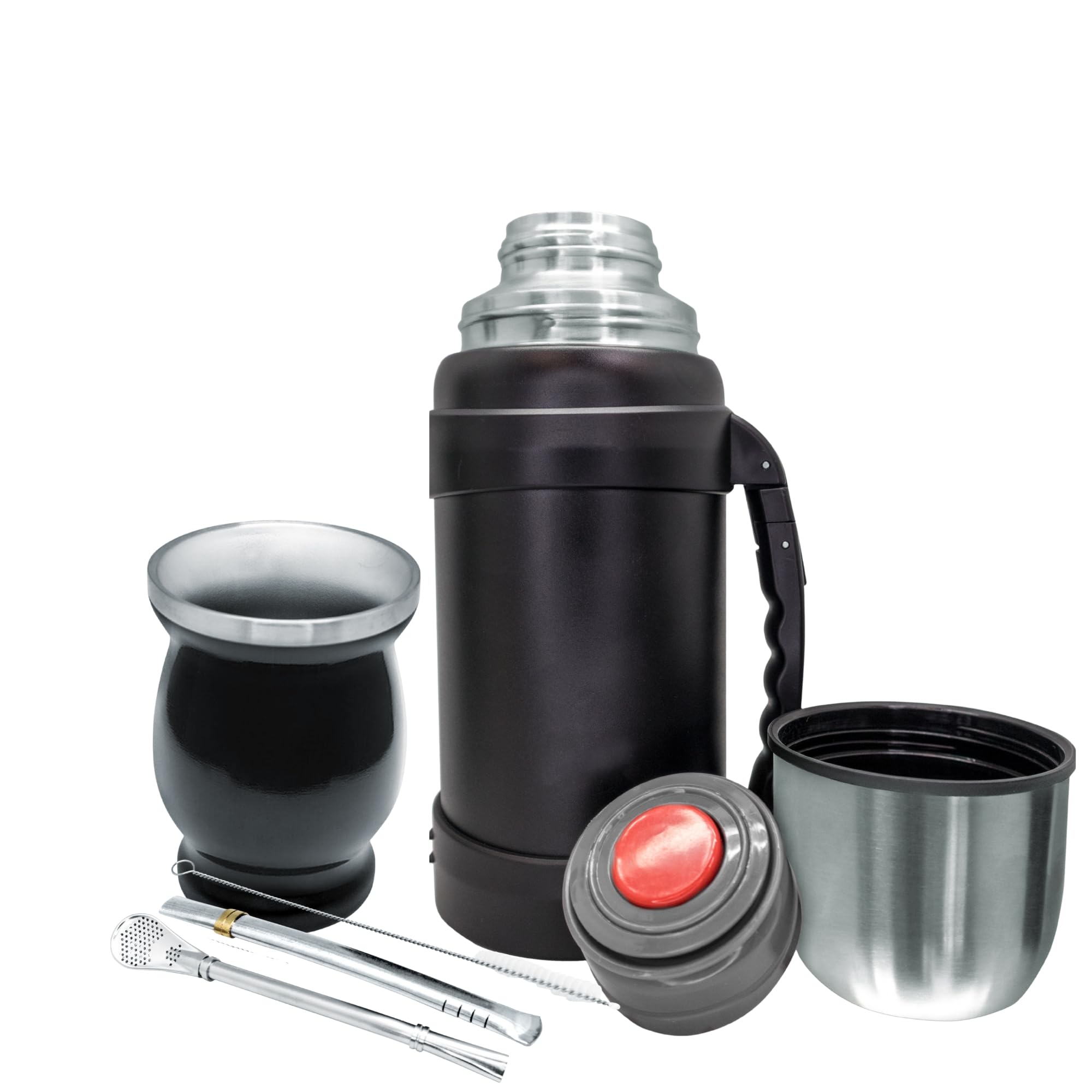 NERTHUS FIH 1596 – Matte Kit with Double Wall Stainless Steel Cup 250 ml + Two Bulbs for Mate Pipes with Cleaning Brush + Stainless Steel Thermos 1300 ml