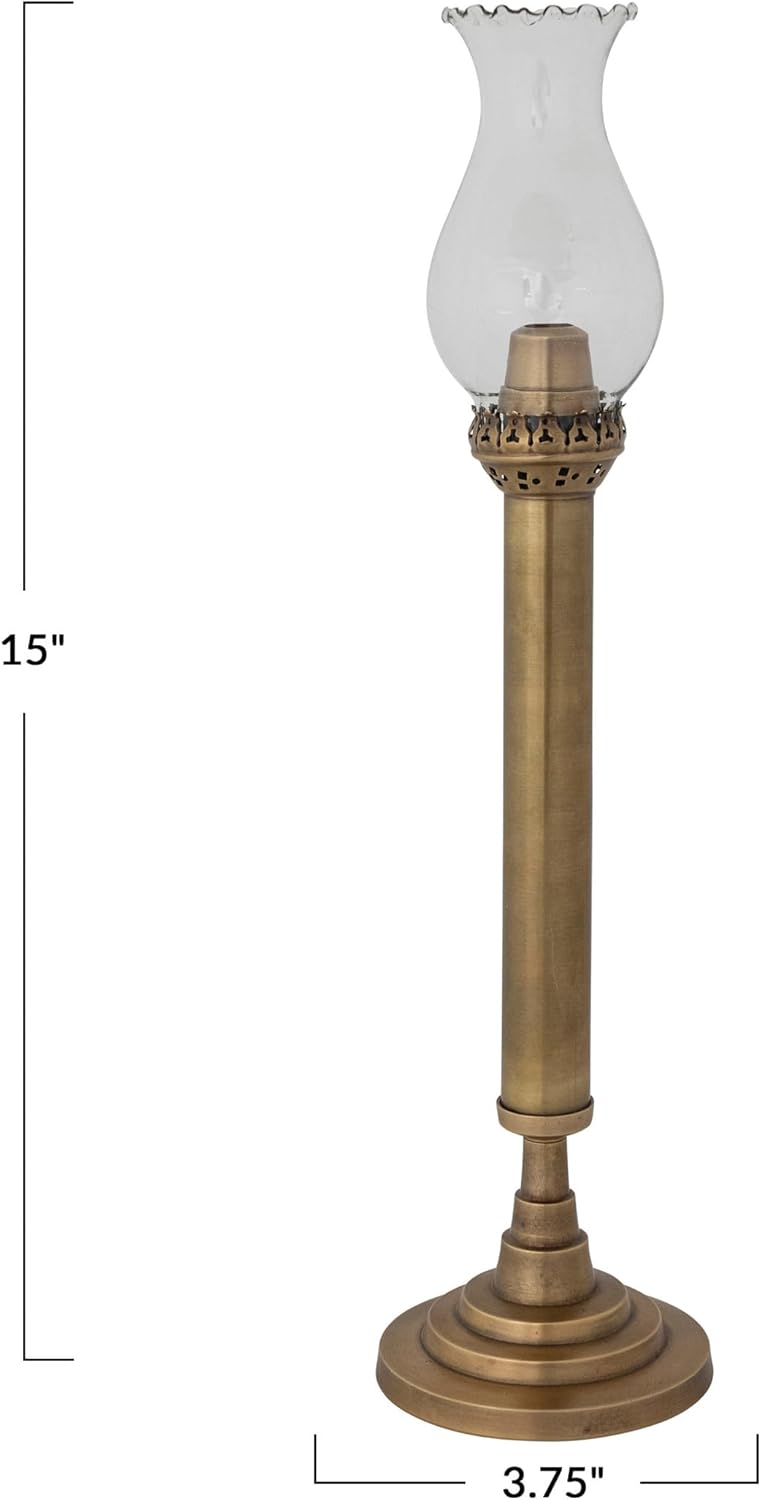 Creative Co-Op Brass Taper Candle Holder with Glass Hurricane, Antique Gold Finish
