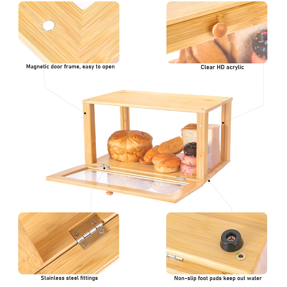 Caja de pan de bambú para encimera de cocina pastelería vitrina almacenamiento de cocina (bambú transparente) 6