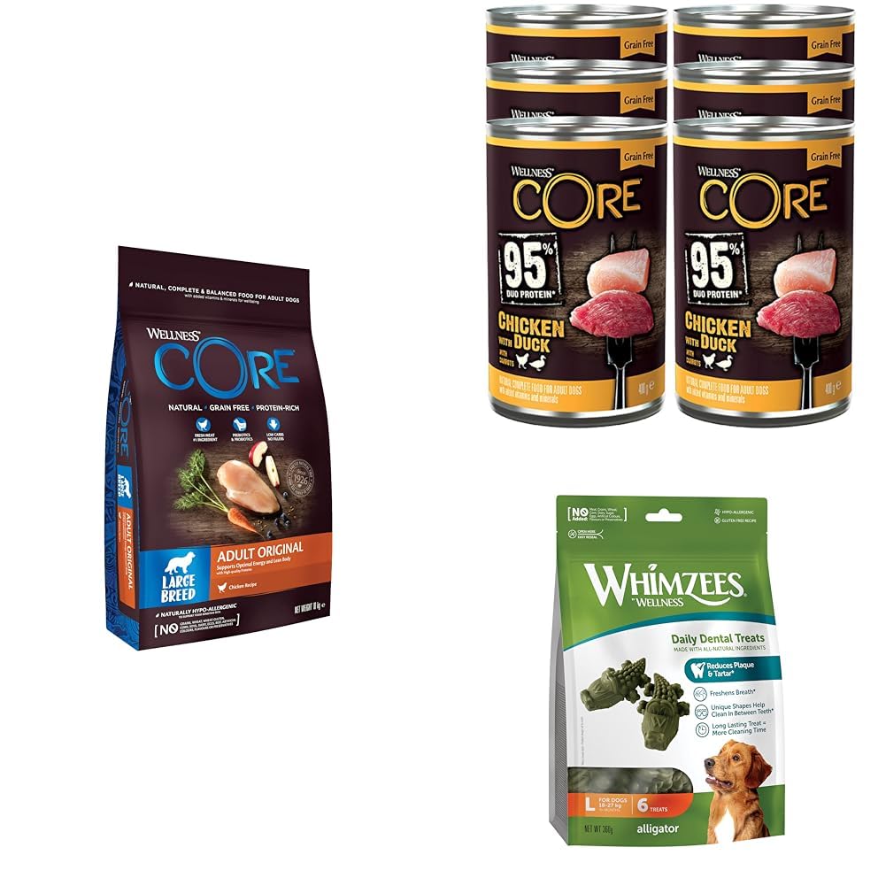 Wellness CORE Croquettes Grand Chien, Naturelles, Poulet, 10kg + Wellness CORE Pâtée 95% de Poulet & Canard 6x400g + WHIMZEES Crocodiles à Mâcher pour Chien de Grande Taille, 6 Pièces