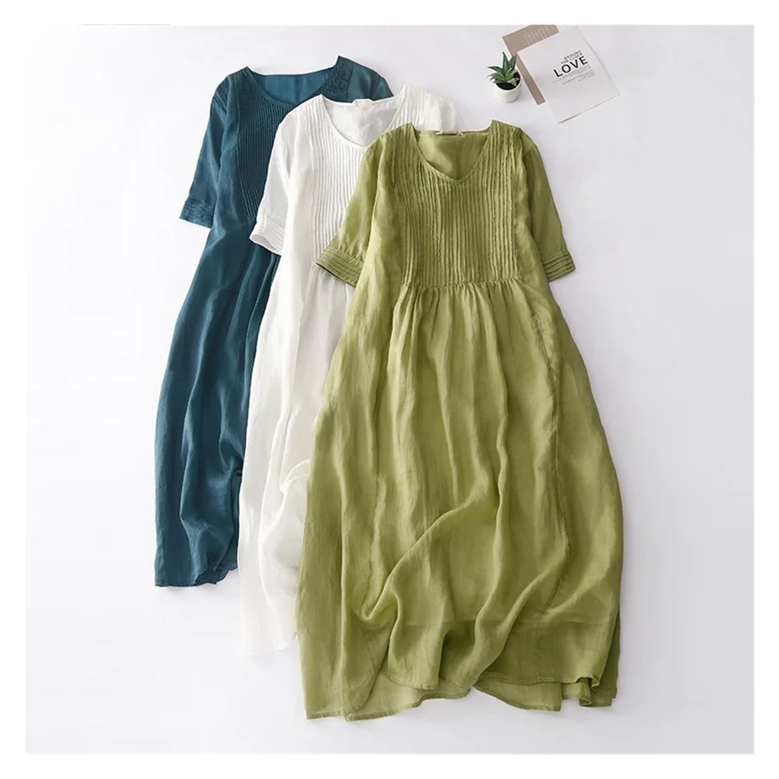 Vestito Lino Donna Estivo Abito a Pieghe a Fisarmonica Anni '40, Stile Artistico, in Puro Colore, con Scollo a V, in Lino, Lungo, Sottile, da Donna, Stile retrò