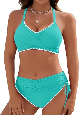 Womens Bikini Sets V Neck High Waisted Swimsuits Shell Stitched Two Piece Swimsuit Tie Side Swimwear