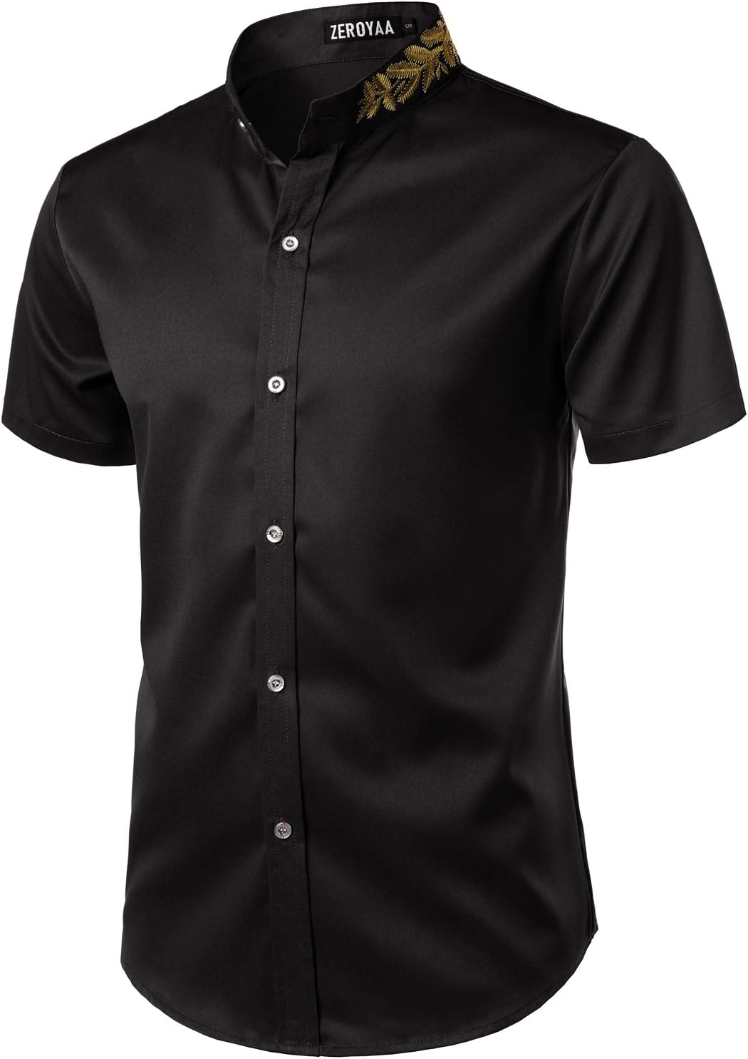 ZEROYAA Mens Hipster Gold Embroidery Mandarin Collar Slim Fit Short Sleeve Casual Dress Shirts - Image 2