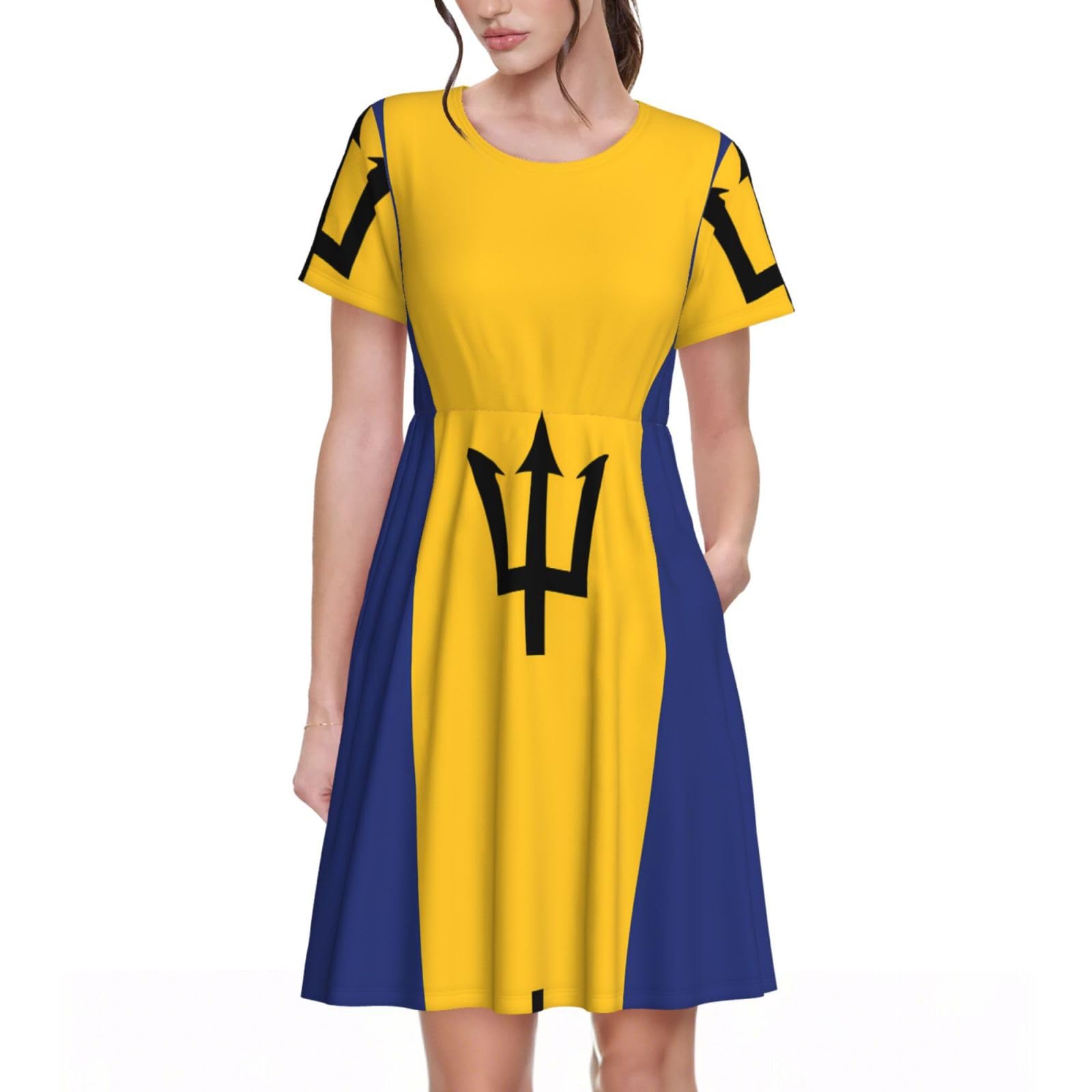 ZQYTGFDC Flag of Barbados Dresses for WomenCasual Summer Dress Short Sleeve Fashion Beach Vacation Clothes, Black, XXL
