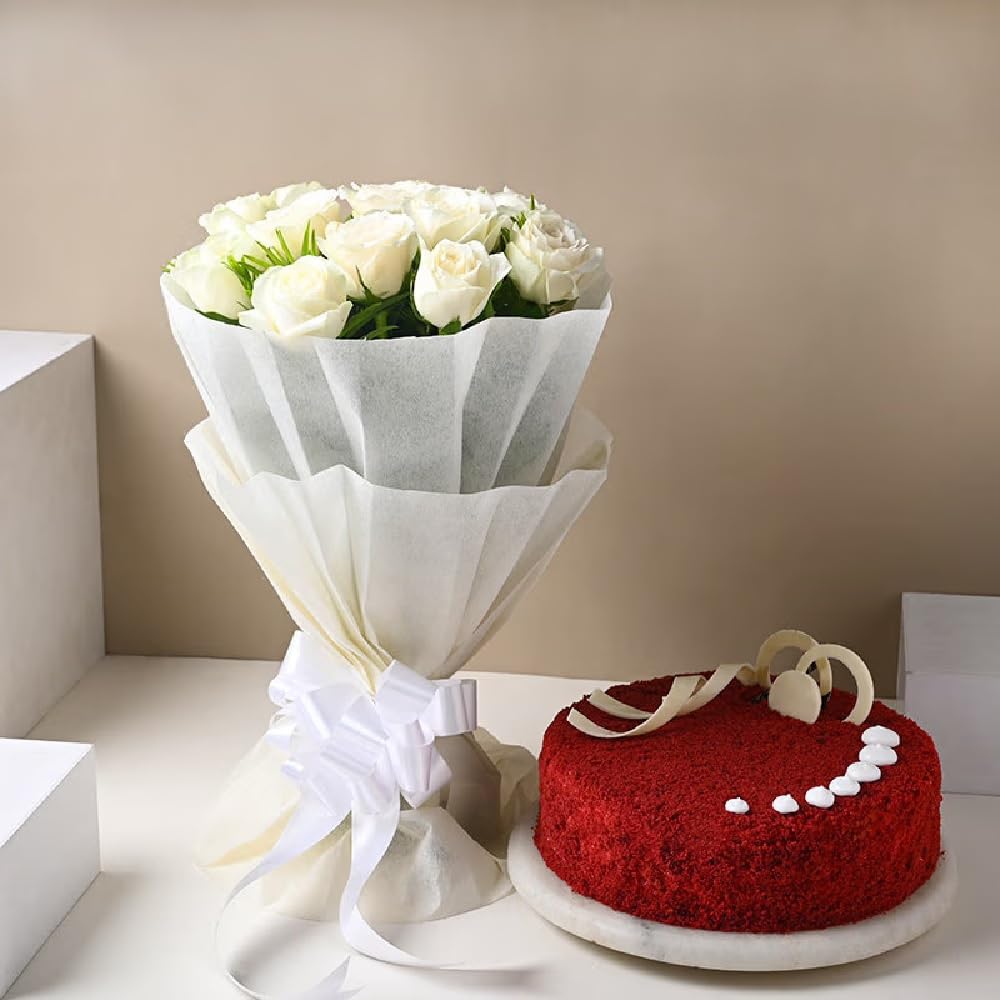 FlowerAura Premium Combo of Fresh Live 12 White Roses Flower Bouquet With Delicious 500g Red Velvet Cake For Birthday | Anniversary | Valentine's Day | New Year | Christmas (Same Day Delivery)-image-23