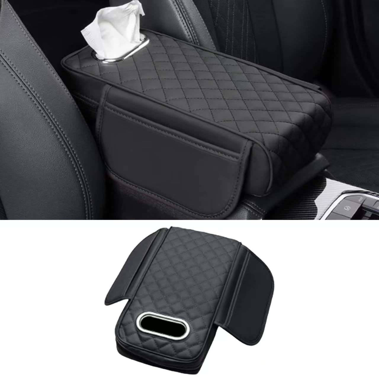 WENINETIES Car Armrest Cover for Jaecoo J7 Phev 2025, Console Pad Cushion Center Storage Box Mat Nappa Leather Comfortable Black,B