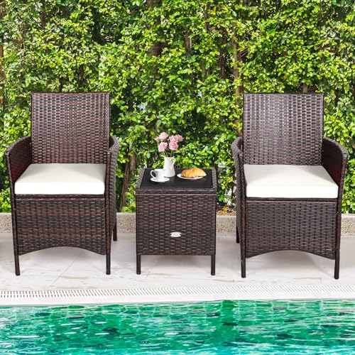 HAPPYGRILL 3 Pieces Rattan Patio Bistro Set, PE Wicker Furniture Set Outdoor Conversation Set with Coffee Table & Soft Cushions Porch Furniture Set for Garden Lawn Poolside Backyard - Image 3