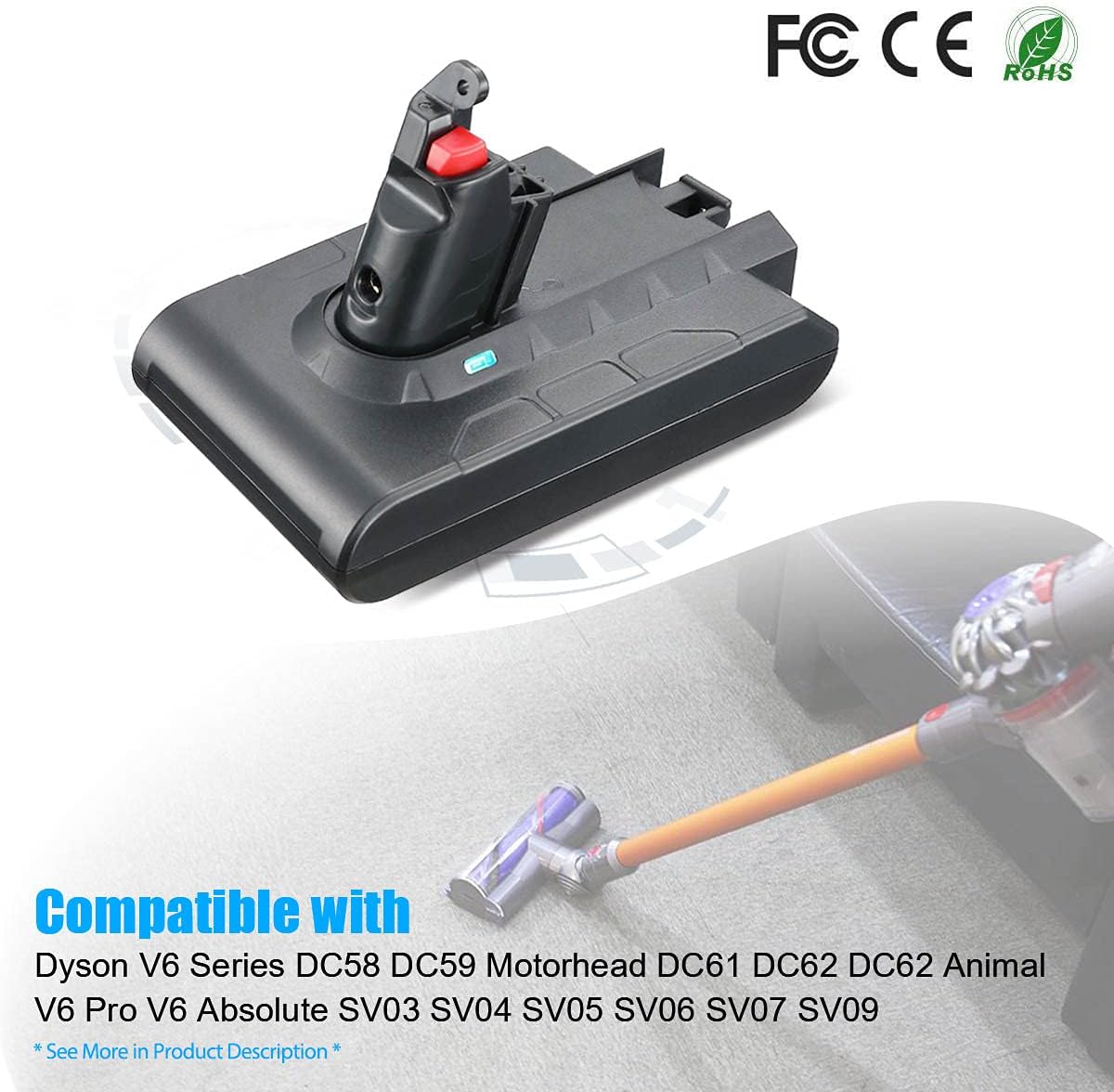 21.6V 3000mAh New Battery Compatible with V6 DC58 DC59 DC61 DC62 Animal 595 650 770 880 SV03 SV04 SV05 SV06 SV07 SV09 967810-03 967810-02 967810-23 Motorhead Absolute Fluffy Slim Battery