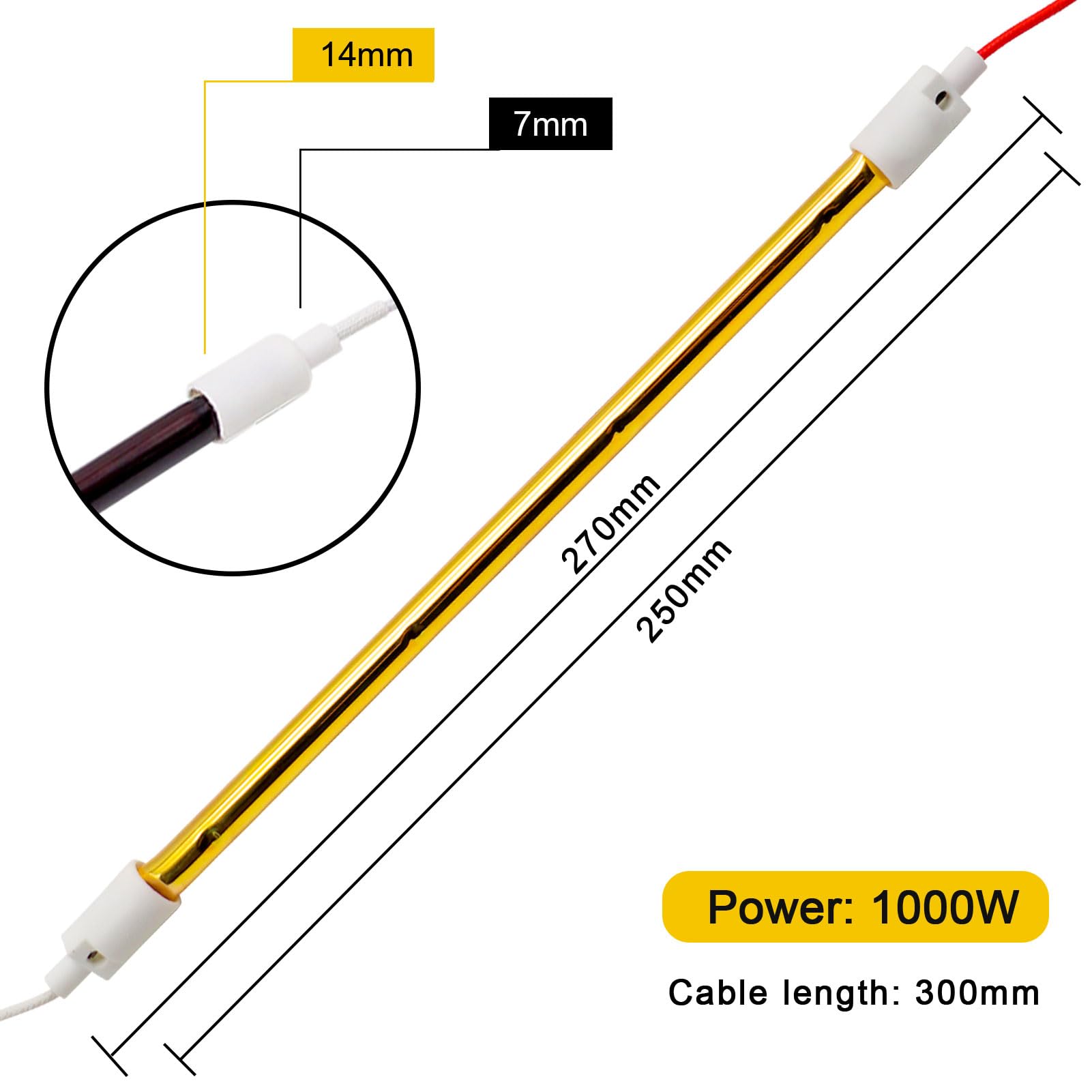 DATOUBOSS 1000W Halogenlampe für Infrarot Lacktrockner, Ersatzlampe, Passende infrarot lackierstrahler Modelle: DT-002/SC-002 (Runder– Gelb – 270 mm) (270MM)