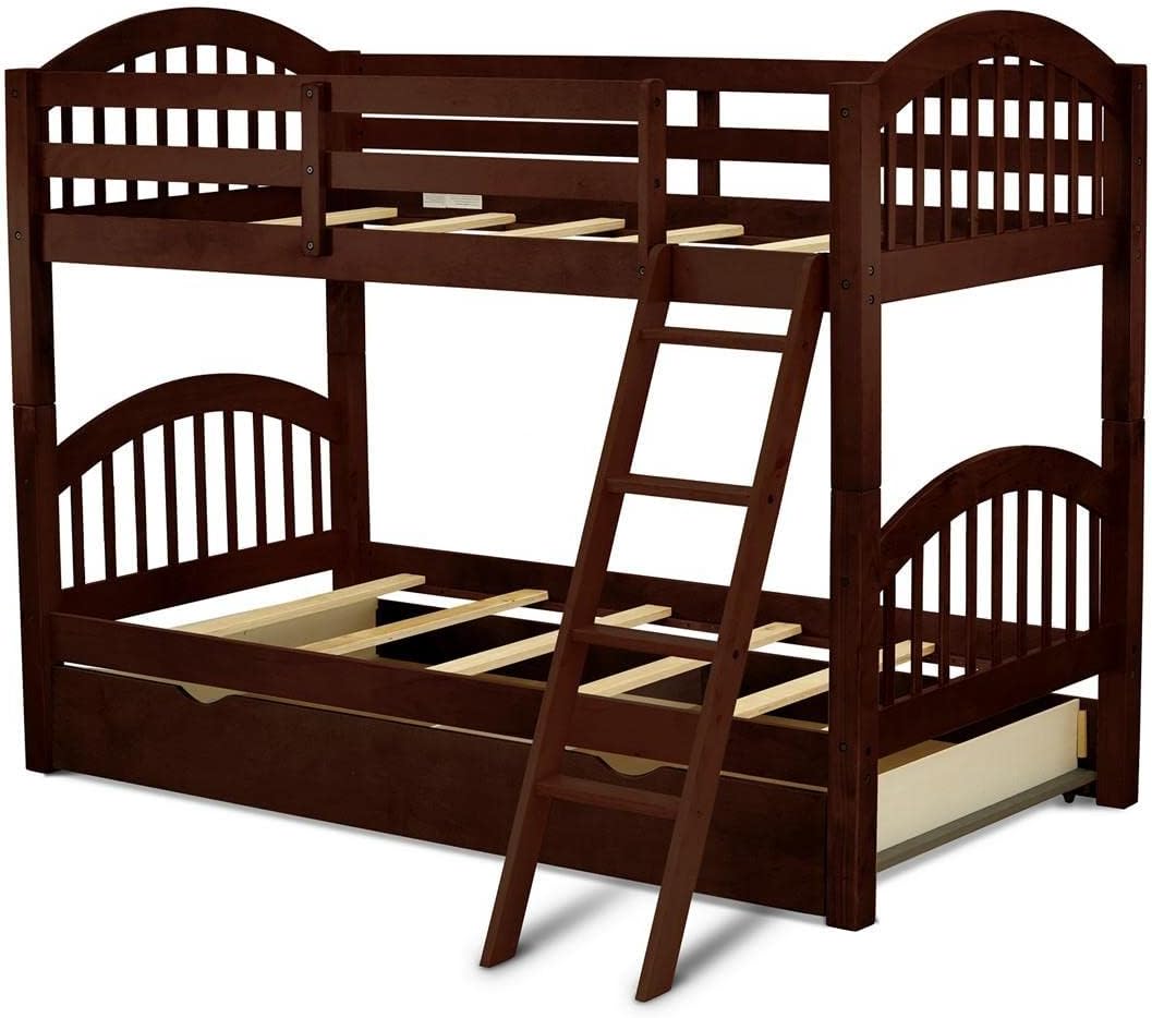 East West Furniture VEB-08-TU Solid Wood Bunk Beds Twin Over Twin with Guard Rail and Trundle, Java Finish
