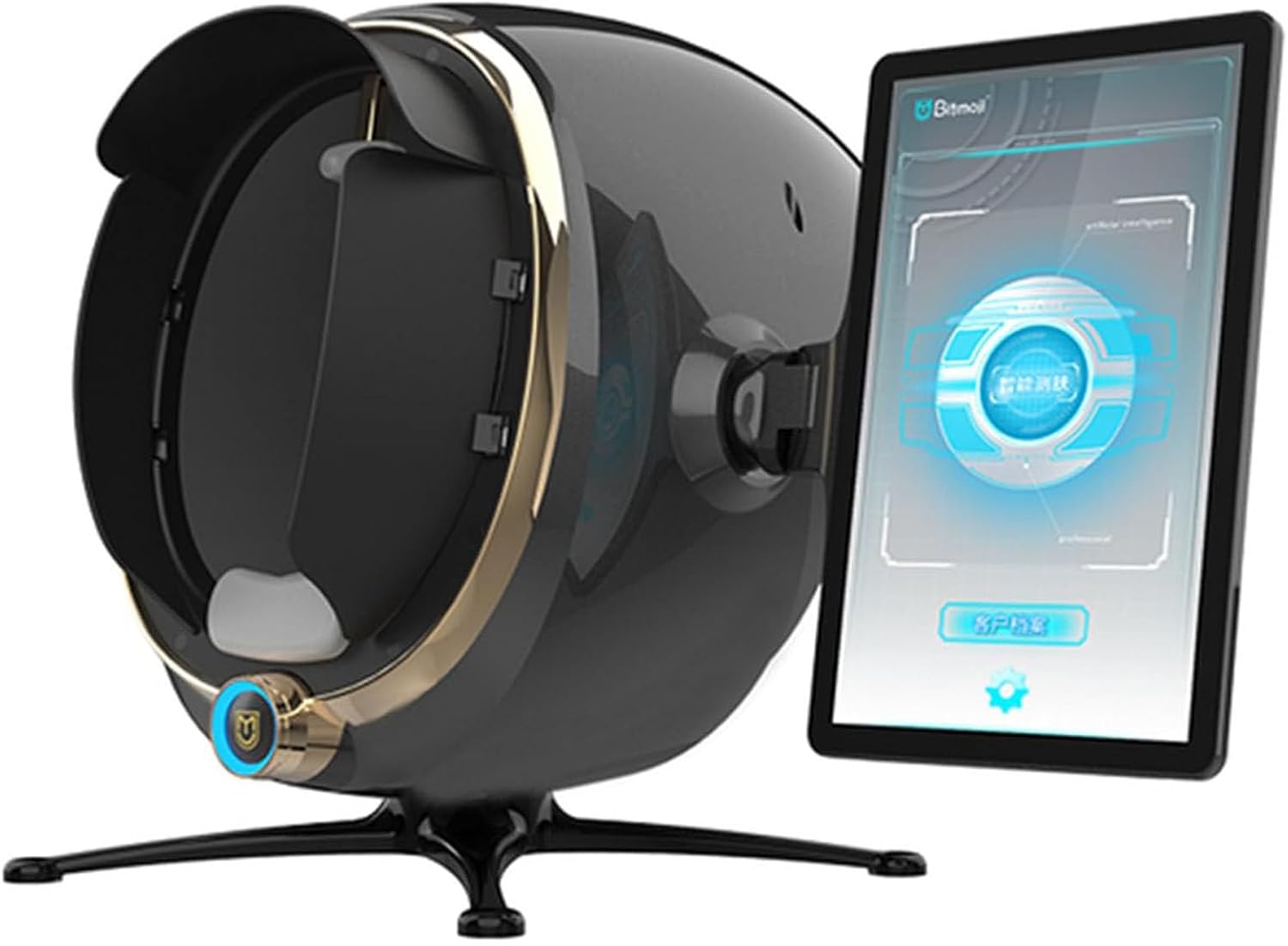 The Gpxhbcb 13.3-Inch AI Smart Facial Skin Analyzer Machine in black, featuring a large circular analysis chamber and an attached display screen, ready for use.