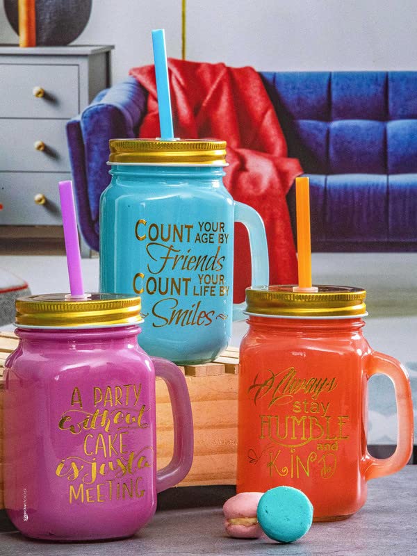 Goodhomes Color Glass Mason Mug with Metal Lid & Coloured Straw Set of 3pcs 450ml, Square, 19DP-5-3SETS