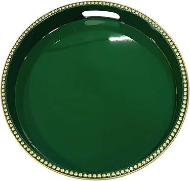 Green Decorative Tray for Coffee Table, Round Beaded Plastic Serving Tray forKitchen Counter, Ottoman, Living Room,13"