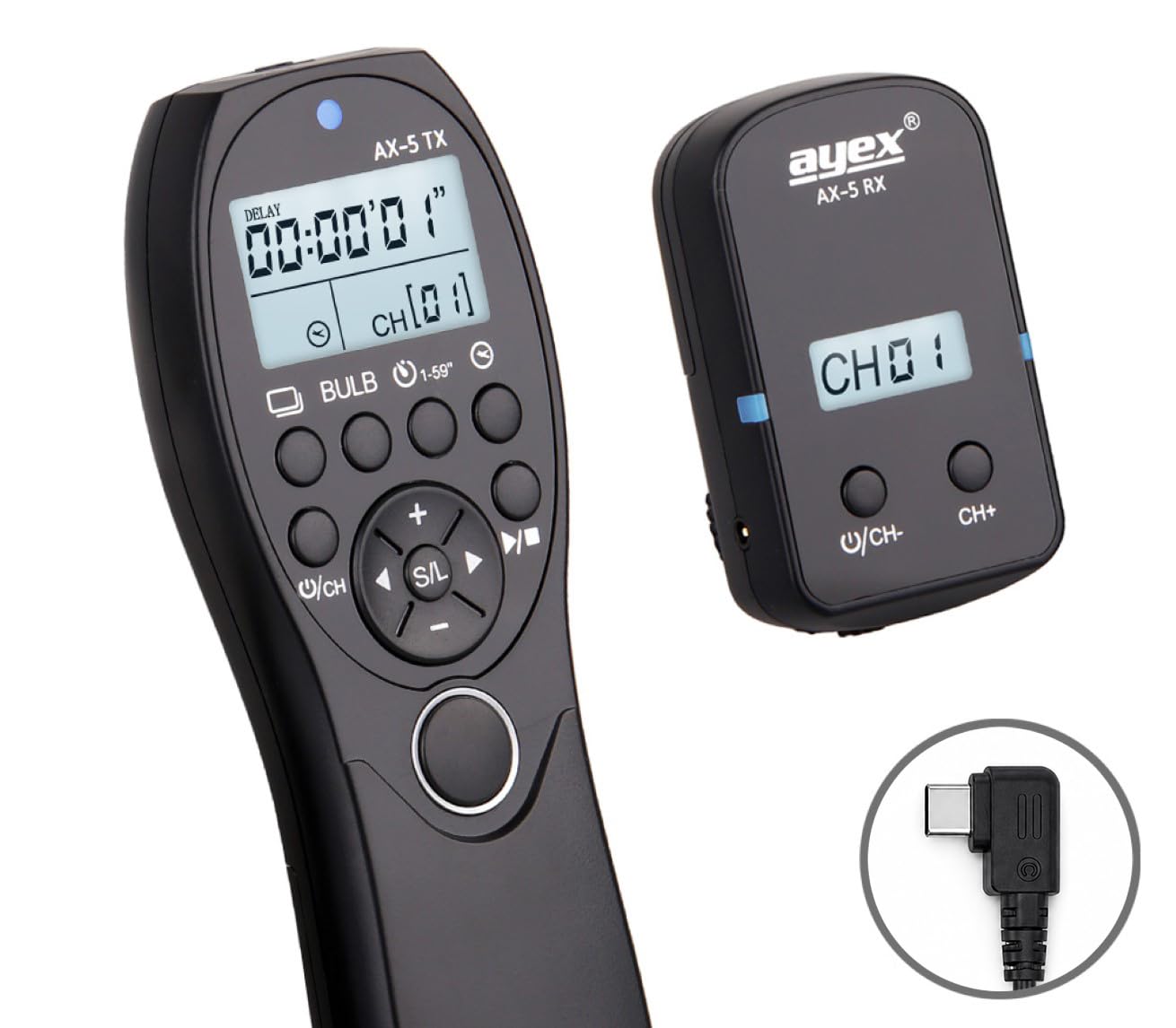 ayex AX-5 Timer zdalny wyzwalacz radiowy kompatybilny z Sony USB-C A7C II A7C R A7 V A6700 interwałowy timer Bulb Delay 2,4 GHz zasięg 100 m LCD 32 kanały