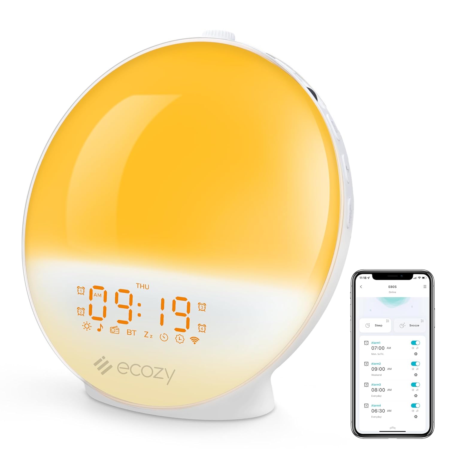 ecozy Sunrise Alarm Clock for Heavy Sleepers, Smart Wake Up Light with Sunrise/Sunset Simulation, App & Voice Controlled, Natural Sounds & FM Radio, 4 Alarms & Snooze, 8 Colors...