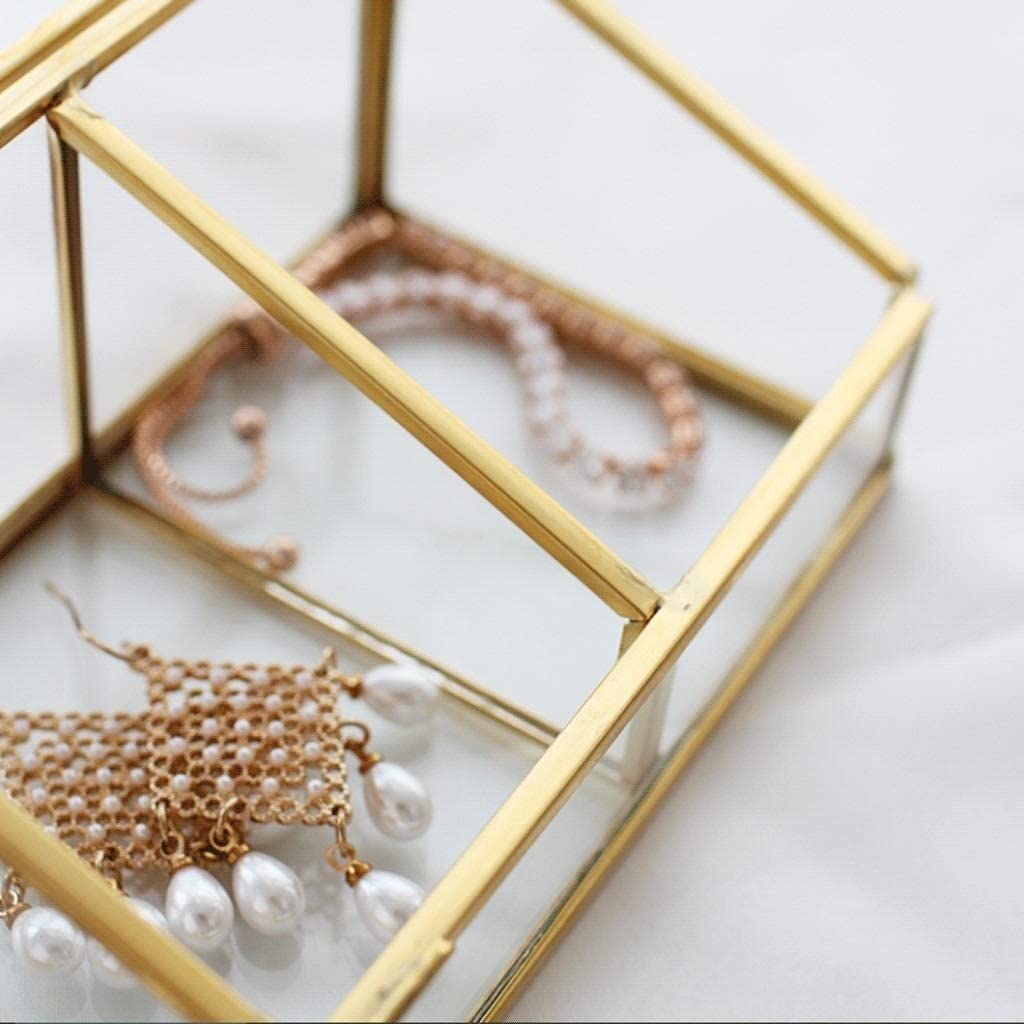 Organizer na Biżuterię Złoty Przezroczysty Szklany I Mosiężny Metalowy Stojak Na Biżuterię Z Pokrywką 3 Przegródki Pierścionki Bransoletka Organizer Etui do Przechowywania