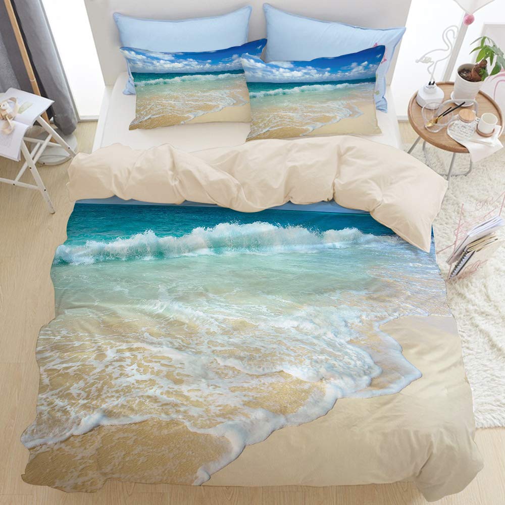 Beige Parure de lit，Plage avec Vagues mousseuses sur Le thème des Vacances au Bord de mer Vide Côte sereine,1 Housse de Couette 240x260cm+2 Taies d'Oreillers 63x63CM