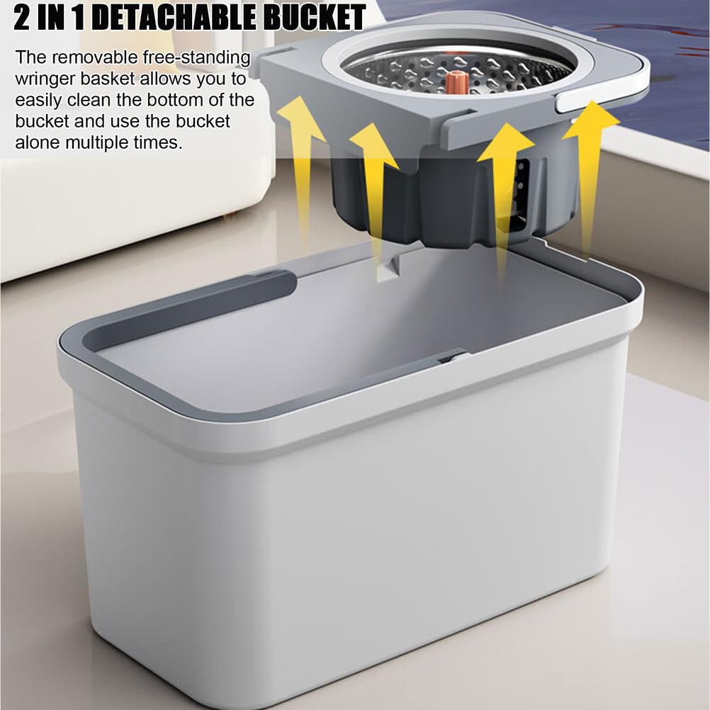 Juego de fregona giratoria y cubo con escurridor, sistema giratorio de 360°, mango ajustable y almohadillas de microfibra lavables para una limpieza eficiente del suelo del hogar