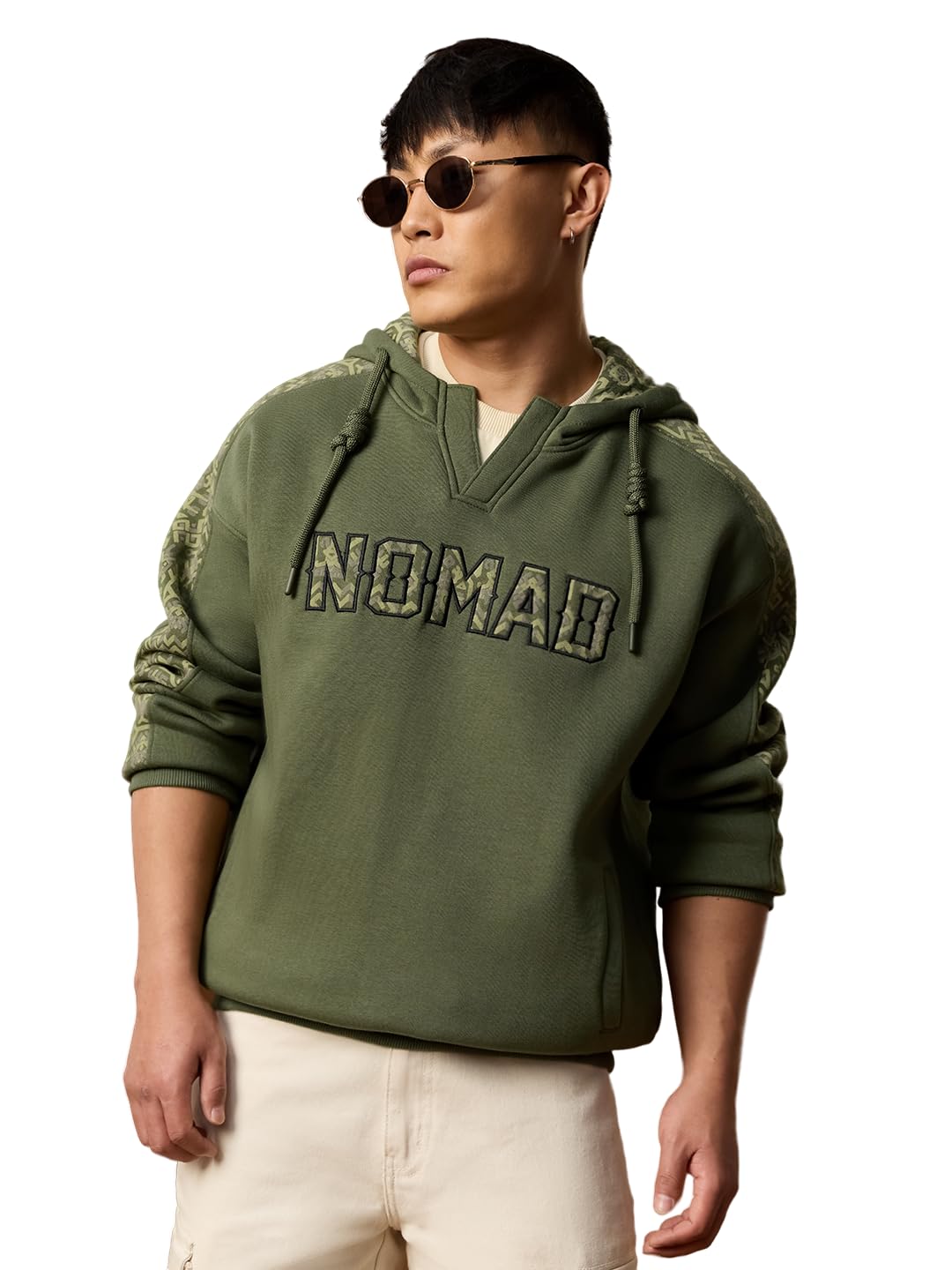 Nomad: Men and Boys Full Sleeves Hooded Neck Embellished Cotton Blend Casual Lightweight Drop Shoulder Streetwear Everyday Oversized Hoodie-image-26