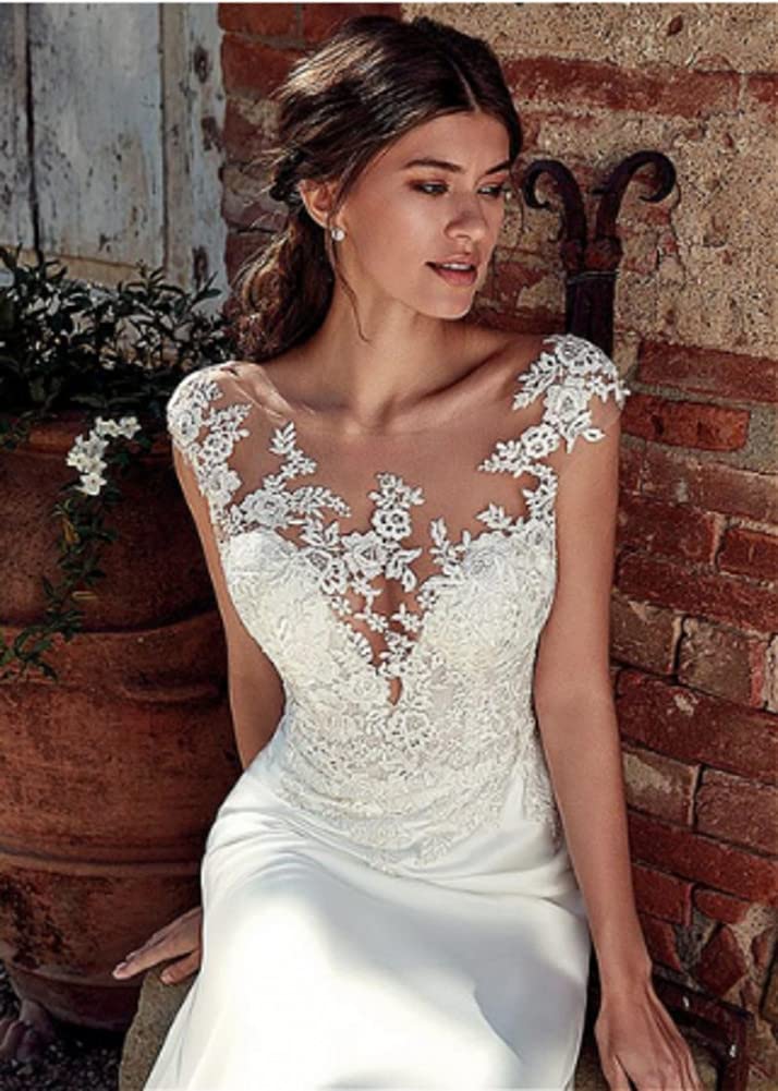 TSxuelian Vestido de novia largo sin mangas de sirena de encaje para mujer