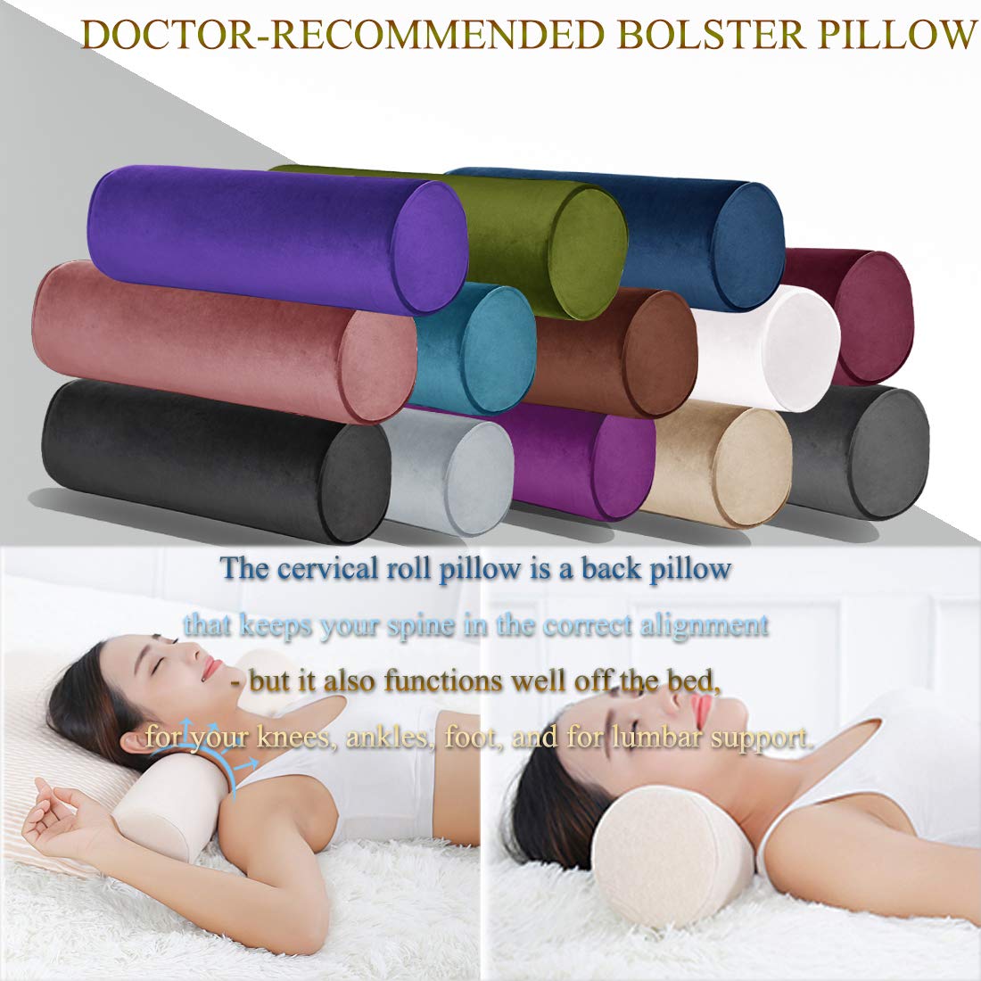 Oreiller Cervical Rond En Mousse Mémoire - 20x70 Cm, Housse Coton/chanvre Amovible, Pour Cou, Dos, Genoux, Yoga