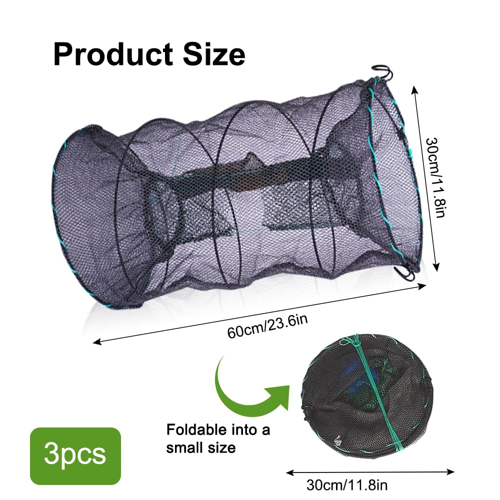 Piège à Poisson Pliable, 3 PCS Piège à Crabe en Nylon 30x60cm, Nasse à Écrevisses avec Fermeture éclair, Portable Casier à Crabes, Ronde Filet de Pêche pour Crabes Crevette Homard Anguille