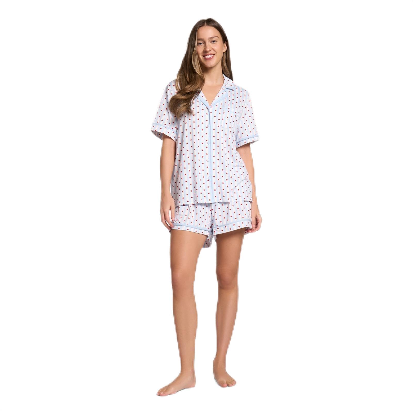 Ohs Women's Blue Pyjamas For Heart Striped Piped Short Sleeve Shirt Bottom Pyjamas Bride Pjs Set Two Piece Button Down Soft Warm Sleepwear Loungewear, - L/Xl