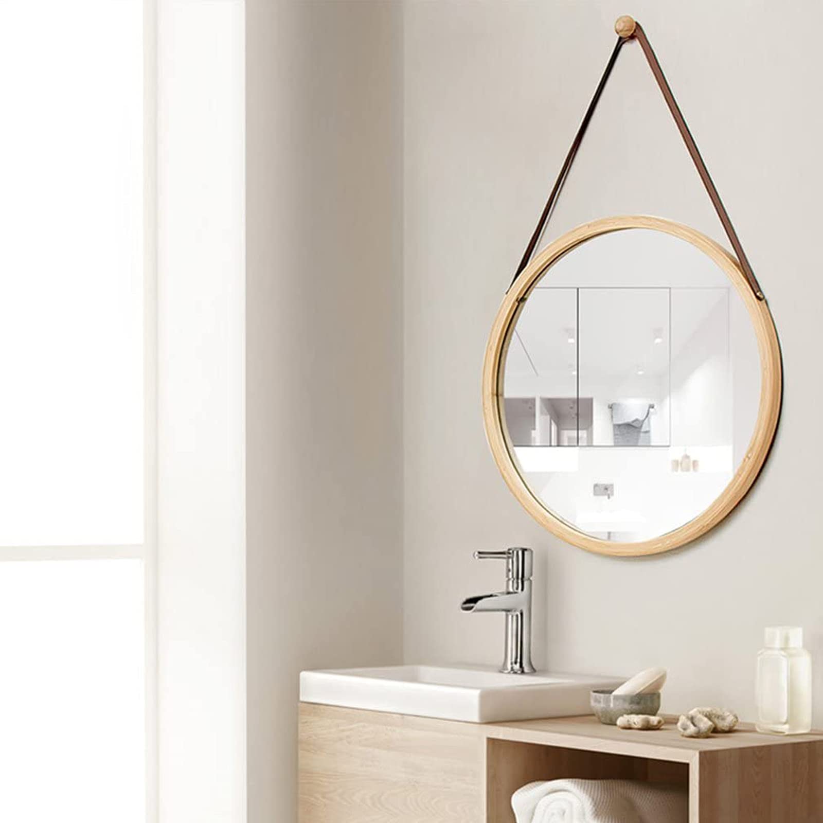 HAOKKV Miroir Mural Rond avec Sangle Et Cadre en Bois Miroir De Salle De Bain Miroir Décoratif Moderne À Suspendre pour Salon Chambre Vestiaire Salle De Bain(White,30cm/11.81in