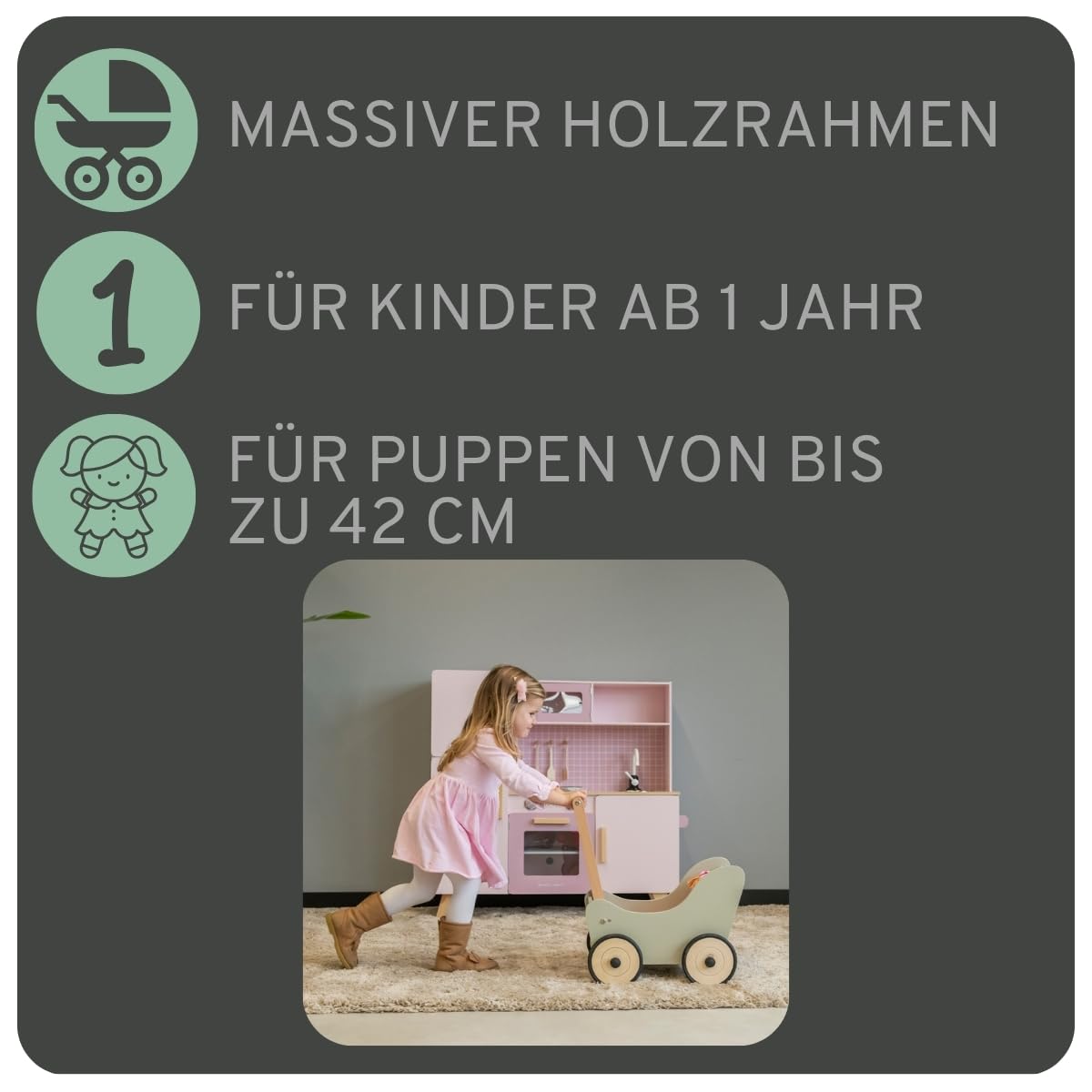 Bandits & Angels Puppenwagen Little Angel ab 1 Jahr - Puppenwagen aus Holz - Für Mädchen - Für Puppen bis 42 cm - Gummiräder (Olive Green)