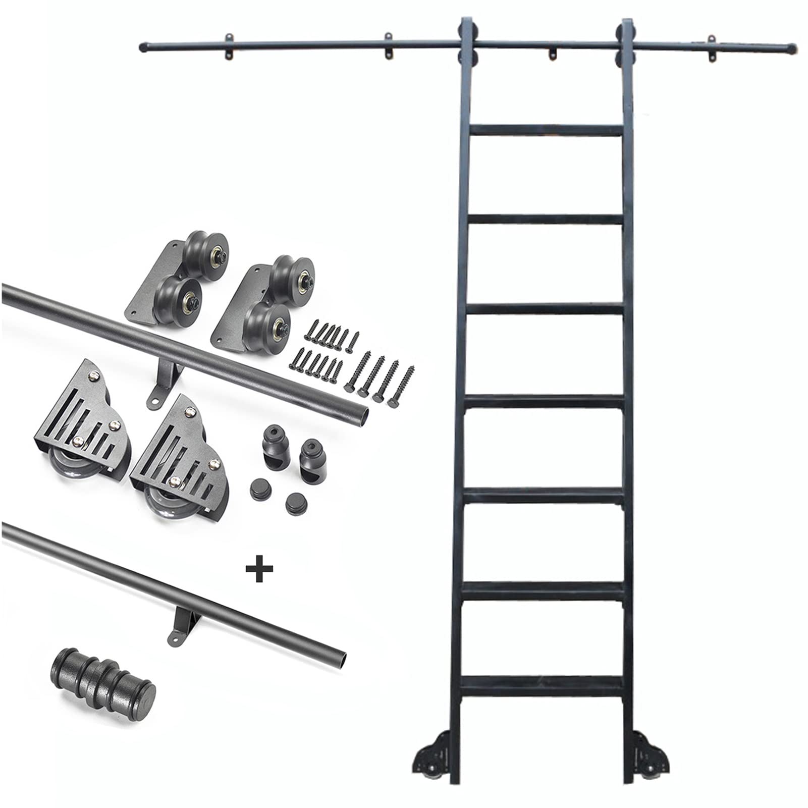 GHFXSCV Library Rolling Ladder Hardware Kit, 3.3ft-20ft Sliding Barn Door Kit (No Ladder) Round Tube Mobile Ladder Track For For Home/Indoor/Loft, With Floor Roller Wheels (Size : 6.6ft/200cm Track