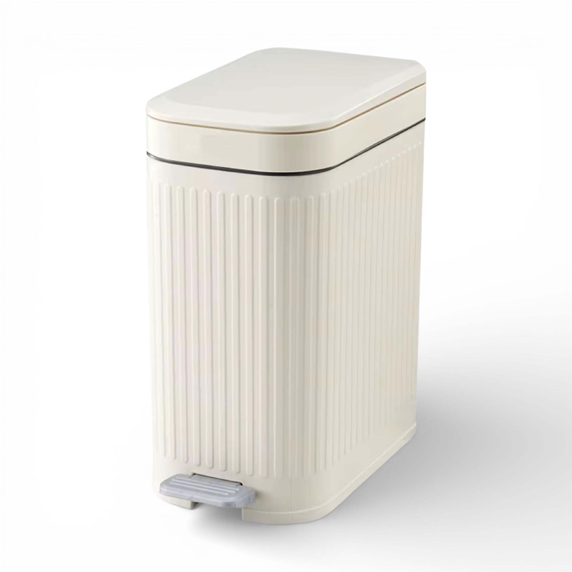 Modovo 7L Slim Pedal Waste Bin – Modern Narrow Plastic Dustbin with Soft Press Lid & Foot Pedal – Compact Bathroom Bedroom Kitchen Office Rubbish Bin – Space Saving Corner Trash Can (Cream White)