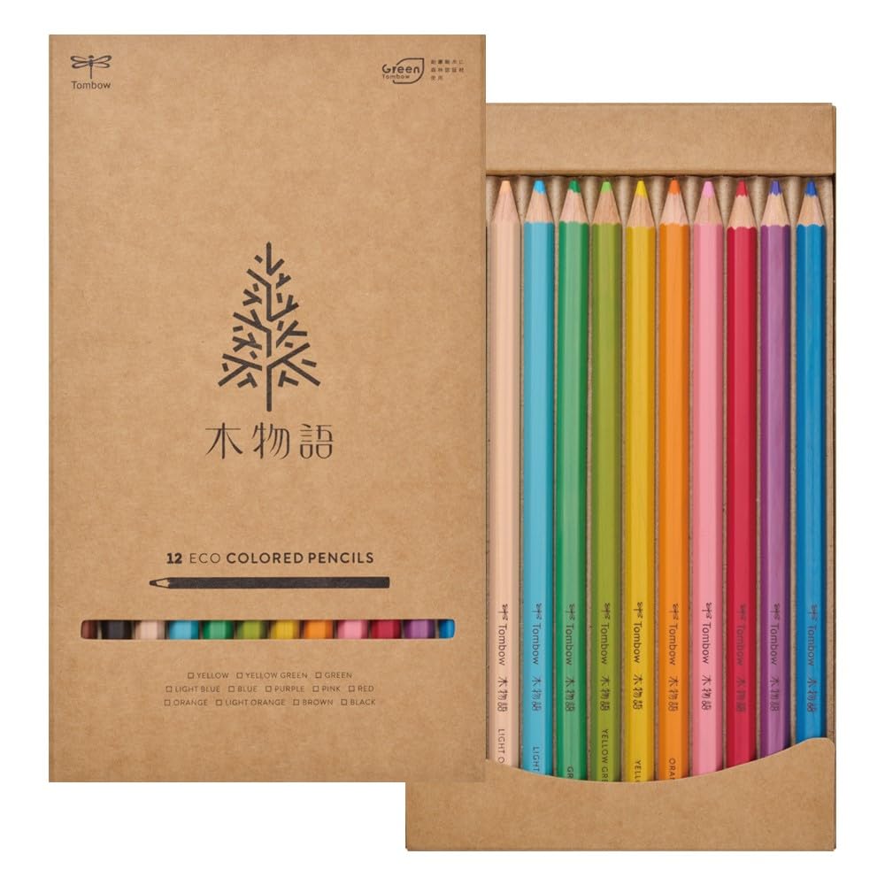 Amazon | トンボ鉛筆 色鉛筆 木物語 12色 六角軸 木目 クラフト紙