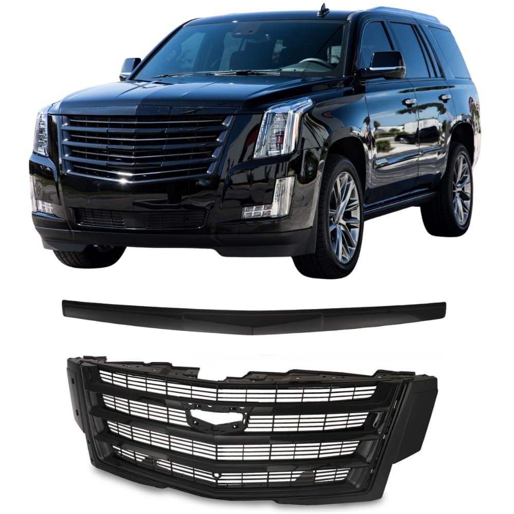 Front Grille Grill Hood Trim With Camera Hole Fit For Cadillac Escalade 2015 2016 2017 2018 2019 2020 Gloss Black Plastic Mesh Cover Trims Accessories