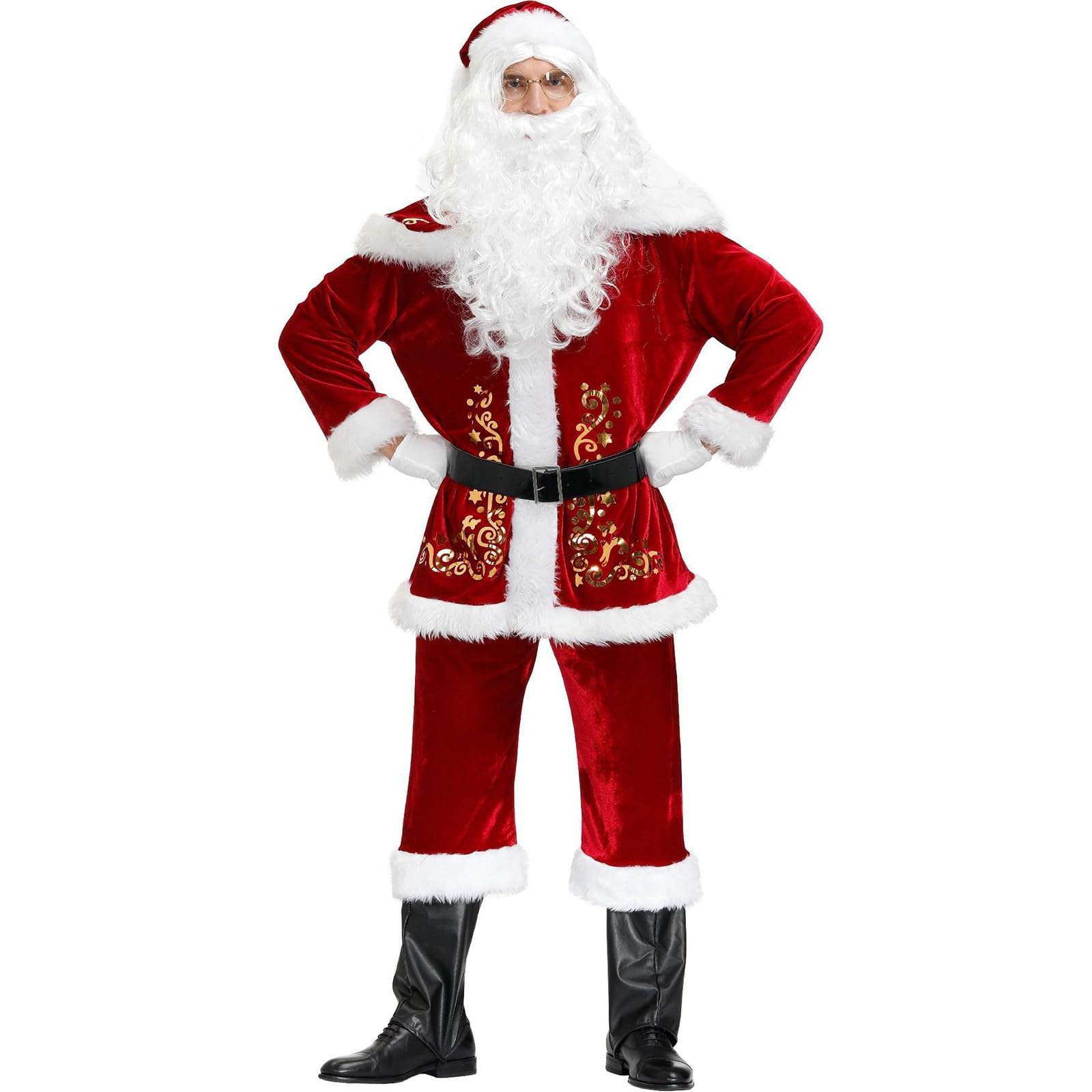 Costume de Père Noël pour Hommes, 9pcs Complet de Déguisement de Noël pour Adulte, Rouge Velours de Luxe Vêtement de Père Noël, Noël en Velours de Luxe pour Adultes