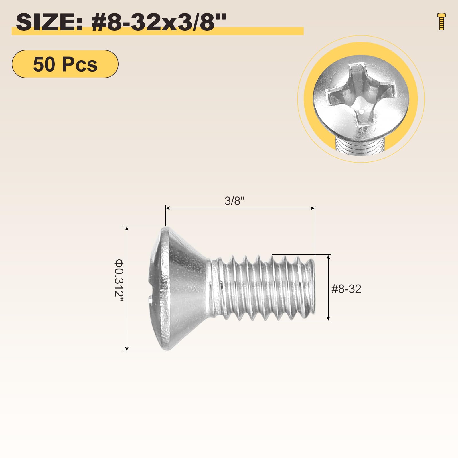 METALLIXITY Phillips Cross Recessed Countersunk Head Screws Bolts (#8-32x3/8") 50Pcs - Image 2