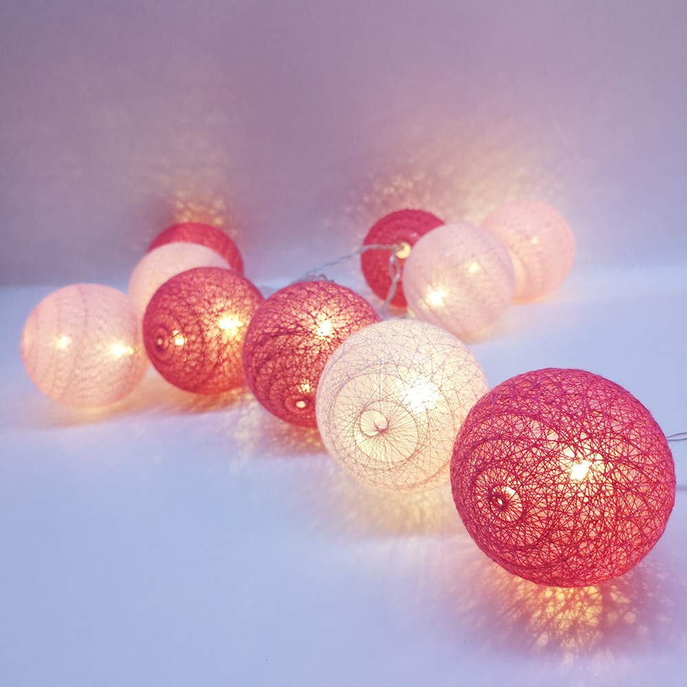 10pcs Cotton Ball LED String Lights Battery Operated, DOTBUY Fairy Lights for Wedding Party Halloween Outdoor Indoor Decor Garlands Create Atmosphere (Sexy rose red,1.8M/10LED)